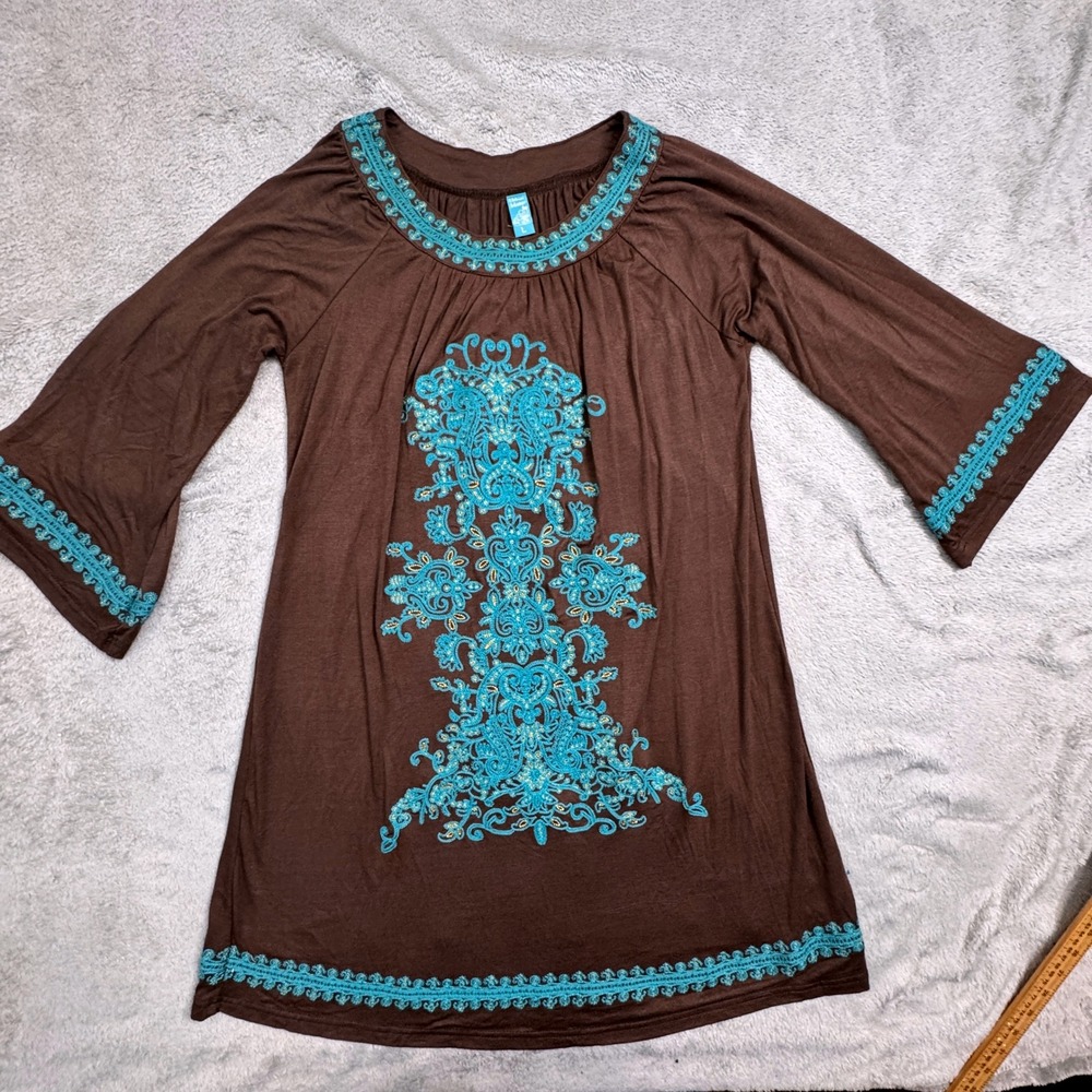 Urban Mango Women Brown Bell‎ Sleeve Embellished Tunic Top Size Large